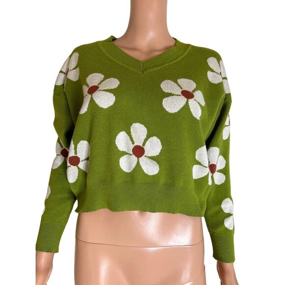 Sweater Land sweater cropped daisy flowers cropped long sleeve SZ SM - Picture 2 of 7